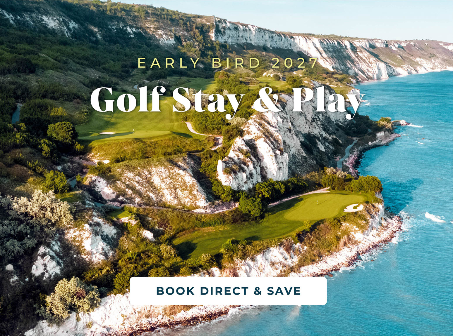 Aerial view of Thracian Cliffs golf course and Black Sea coastline with the 2027 Early Bird Stay & Play offer